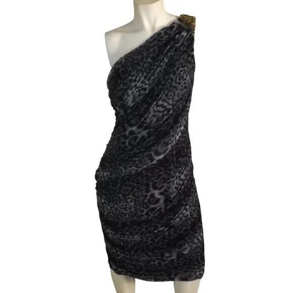 TADASHI SHOJI Evening Dress, XL, Grey Animal Print, Jeweled One Shoulder, Ruched - Picture 8 of 15
